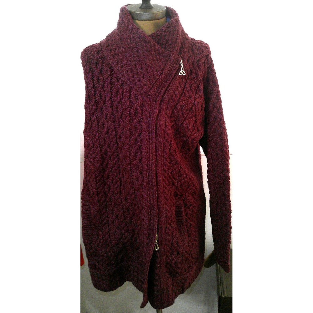 NWOT $160 NEW L Petite Aran Crafts Ireland Merino Wool Side zip Coat Wine red